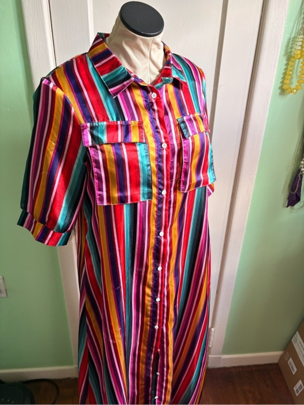 Rainbow Satin Striped Button-Down Dress/Jacket
